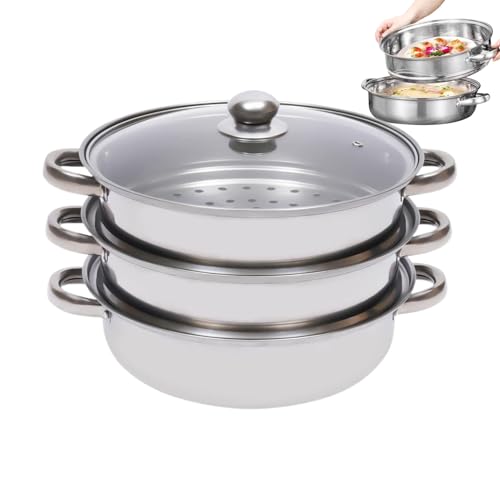 Olla a vapor para cocinar, 3 niveles con tapa apilable | Ollas de vapor de acero para cocinar, para reuniones familiares Preparación de comidas alimentación sana raviolis pescado verduras