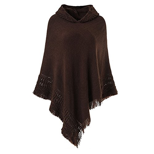 Womens Knitted Hooded Poncho Tops Shawl Cape Batwing Blouse with Fringed Sides for Lady