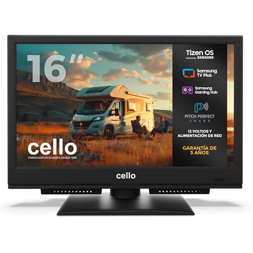 Cello CTRAV-16TZ Smart TV de 16 Pulgadas, 12 V/230 V, Tizen OS de Samsung, Gaming Hub, Bluetooth y sintonizador Triple