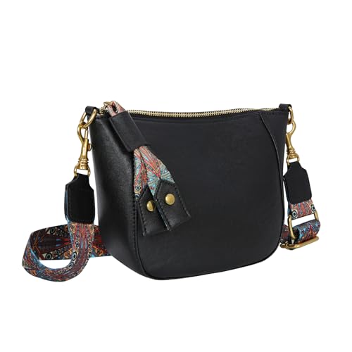 Image of HESHE Leather Crossbody Bags for Women Soft Hobo Purses Stylish Satchel Bags Boho Shoulder Handbags with Wide Strap (Black)