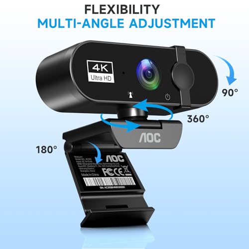 Image of AOC 4k Webcam for PC with Microphone, Computer Camera with Noise Cancellation, Privacy Cover, 99 FOV, Plug & Play USB Webcam for Streaming, Conferencing, Zoom, Skype, Facetime, Laptop, PC, Skype