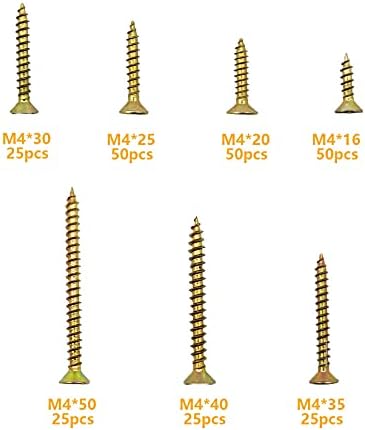 250 Pcs M4 Self-tapping Wood Screw Kits, Cross Pan Head Drywall Screws, Self Drilling Chipboard Screws, Multi Use High Performance Screws Assortment - M4x(16/20/25/30/35/40/50 mm)