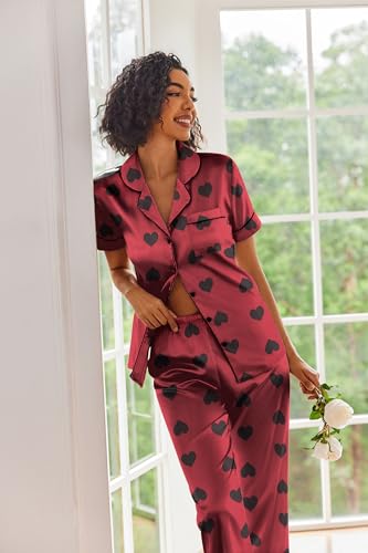 Image of Ekouaer 2 Piece Satin Short Sleeve Pajamas Set Button Down Sleepwear | Soft Pjs Set Classic Loungewear for Wedding, Party, Home, Daily Wear, Date Nights