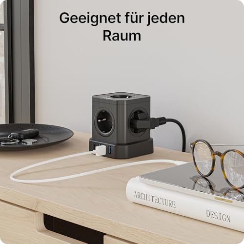 Voomy 9-in-1 Steckdosenwürfel Mit USB C (20W), Mehrfachsteckdose 4000W, 2M Verlängerungskabel, Mehrfachstecker Schalter, Steckerleiste Überspannungsschutz, Steckdosenleiste USB C, Schwarz – Bild 6
