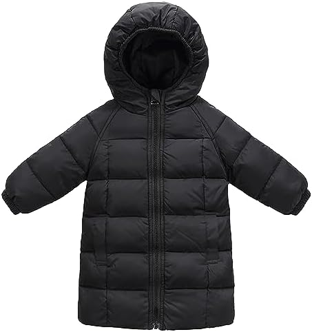 Happy Cherry Kids Puffer Down Coat Girls Boys Jacket Hooded Windproof Outwear Winter Thicken Long Coat Unisex Black 5-6T