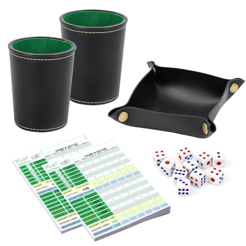 YANGUN Cubos de piel, 2 vasos de ajo, tabla de dados con 10 dados, juego de competición interactivo para noches familiares, viajes, celebraciones, juegos de dados