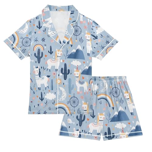 ALAZA Alpaca Llama Cactus Rainbow Mountain Pajamas Satin Pajama Set Short Sleeve Button Down Sleepwear