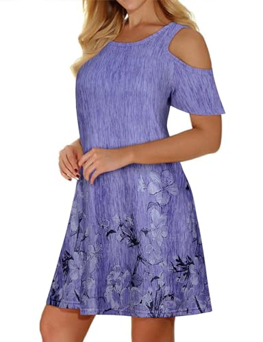 Image of Misyula Style Womens Summer Cold Shoulder Floral Flowy T-Shirt Dress with Pockets