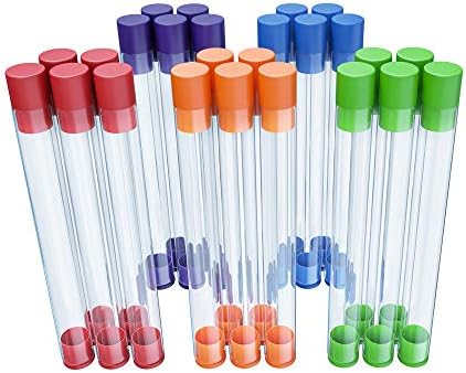 25 Clear PET Plastic Seed Bead Tube Tubes with Double Sided Pop Off Multi Color Caps 20mm (0.75 inches) x 180mm (7.2 inch) 48ml Vol - Science, Seed, Beads, Candy, Bath Salt Containers & Craft Storage