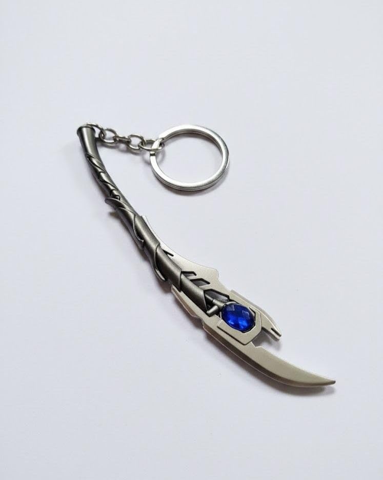 Image of Metal Sword Keychain with Blue Gem, Silver, Twisted Handle Design, Dagger Style Accessory