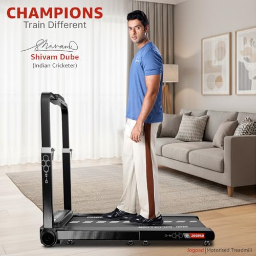 Image of PowerMax Fitness JOGPAD 4HP Motorized Foldable Treadmill for Home Use with Handle, Remote Control, Max User 120kg, Top Speed 12kmph, Running Deck 1080mmx400mm, Bluetooth, Speaker, Mobile Holder