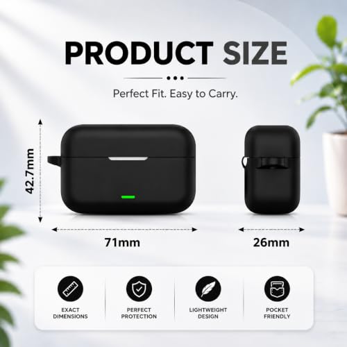 Image of Silicone Case for Realme Buds T500 Pro TWS Earbuds | Shockproof 360 Protective Cover | Heavy-Duty Carabiner Clip | LED Visible | Soft Anti-Slip & Lightweight Case (Black)