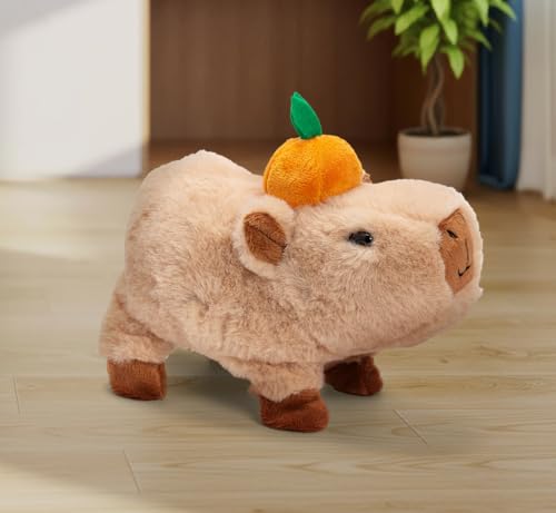 Simba PetZoo Capybara Stofftier – mit Orange auf dem Kopf, läuft und Macht süße Geräusche, Try Me-Funktion, interaktives Plüschtier, 17 cm, ab 3 Jahre