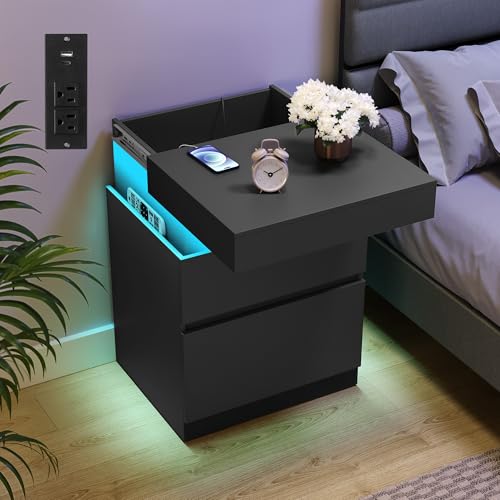 VASAGLE KAILYN Collection - Nightstand with Power Outlets Sliding Lid Modern Bedside Table with LED Lights End Table 2 Drawers 15.7 x 18.9 x 26.8 Inches Ink Black ULET650BC01S