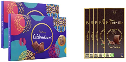 Image of Cadbury Celebrations Assorted Chocolate Gift Pack, 183.6g - Pack of 2 & Bournville Rich Cocoa Dark Chocolate Bar, 80 gm (Pack of 5)