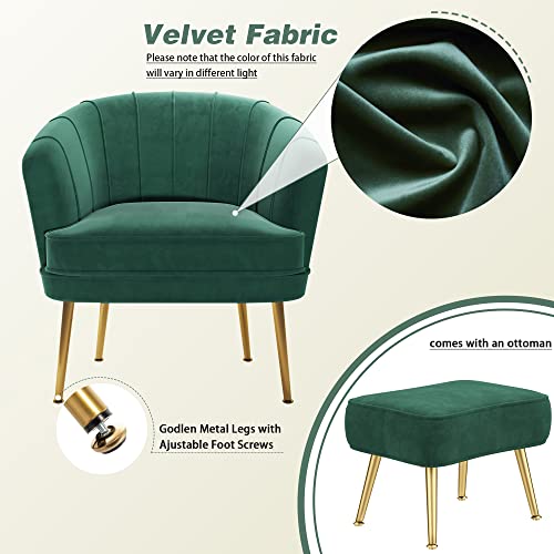 Andeworld Velvet Accent Chair With Ottoman, Upholstered Modern Single Sofa Side Chair,Comfy Barrel Club Living Room Armchair With Golden Metal Legs For Bedroom Living Reading Room Office, Green #TOP6