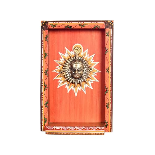 Image of AAKRITI ART CREATIONS Divya-IV Wall Decor Orange Frame with Brass Sculpture of Surya Dev | Dhokra Art, Matte Finish | Wooden & Dhokra Wall Art Painting for Home