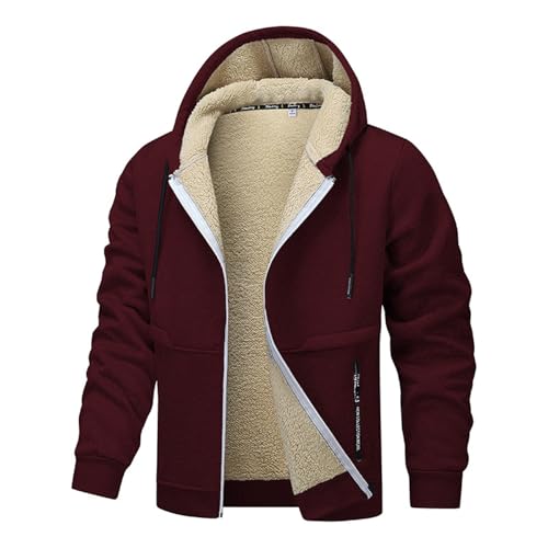 Veste Polaire Homme Chaude Hiver Sweats À Capuche Homme Thermique Travail Sweat Zippé Automne Randonnée Jogging Hoodie Couleur Unie Laine Sweater Sweatshirt avec Poches(Vin,M)