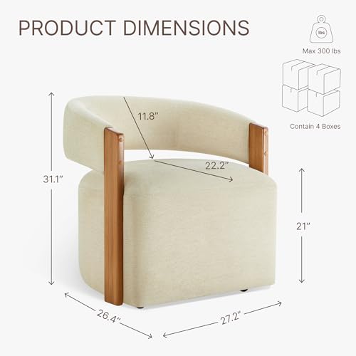Image of KISLOT Upholstered Dining Chairs Set of 4, Modern Rolling Dining Chairs with Hidden Casters, Wooden Arm Kitchen Chairs with Linen Look Fabric, Padded Barrel Chairs for Dining Room, Kitchen, Sand