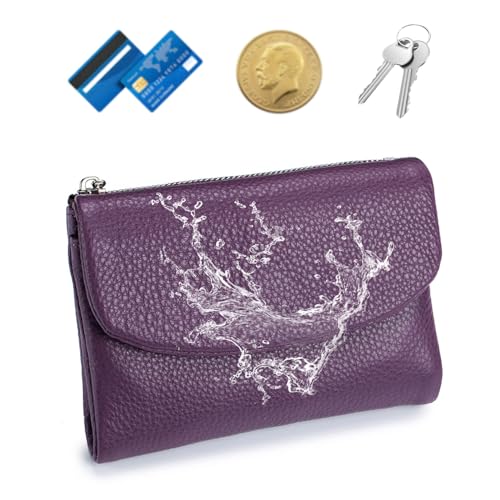 Precious Wallet For Women, Unisex Pebble Leather Wallet, Short Genuine Leather Coin Card Holder, Women's Rfid Small Leather Purse (Purple - 1)