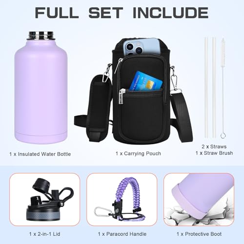 Image of GAZLEMHO Insulated Water Bottle 64 oz, Half Gallon Water Jug Cold 48H, BPA Free Stainless Steel Bottles with Straw /Chug 2-in-1 Lid, Bag, Paracord Handle, Silicone Boot, Sports Gym School Metal Flask