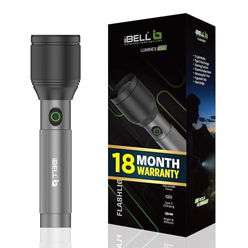 Image of IBELL LUMINEX 850 Rechargeable Torch Light High Power,3 Light Modes,15w, 2200mah battery, Telescopic Zoom, Type C Charging, LED Flashlight, Long-Distance Range, for Home,Outdoor & Emergency Use (Grey)