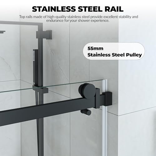 Frameless Sliding Shower Door Enclosure - 44 to 48 Inch Adjustable Width x 76Inch Height, 8mm Coated Tempered Safety Glass with Easy Clean, Square Stainless Steel Rail, Matte Black for Modern Bathroom