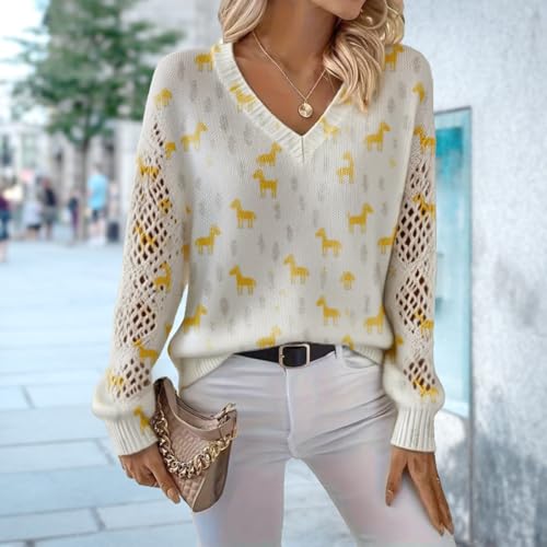 Cute Graphic Sweaters for Women Loose Casual Long Sleeve Fall Tops V Neck Knit Pullover Sweater Oversized Jumper2