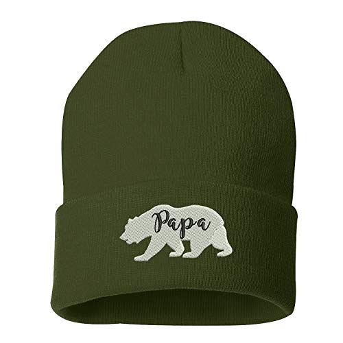 Papa Bear Embroidered Beanie Cuffed Cap - Unisex (Olive Green)