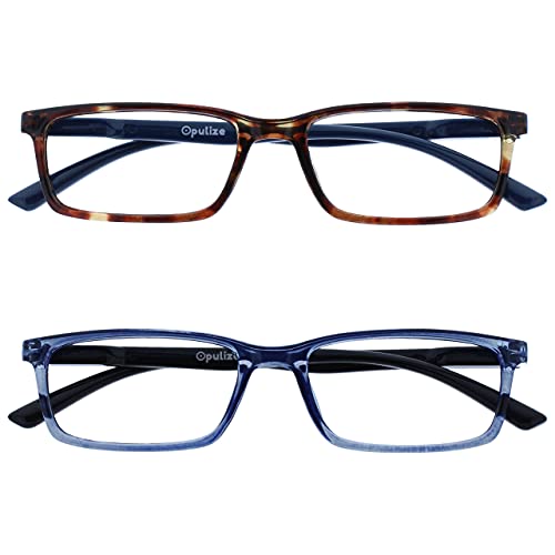 Image of OPULIZE SEE Reading Glasses with Blue Light Blocking for Women and Men, Narrow Frame, Spring Hinges, Computer Gaming Glasses, Brown,Blue +3 (Pack of 2)