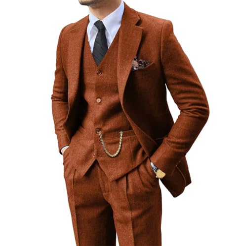 Image of Retro 3 Piece Suit Tweed Herringbone Men's Suits Slim Fit Jacket Vest Pant | Tweed Wool Blend Retro 3 Piece Suit Herringbone Men's Suits Vintage Wedding Groom Tux Set Dress Prom Single Breasted Jacket
