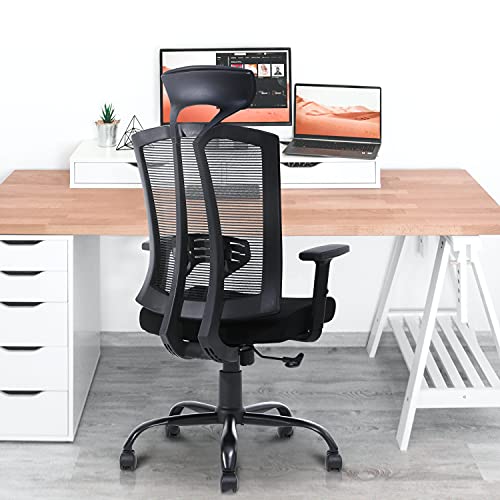 Mastery Mart Ergonomic Office Chair, High Back Mesh Desk Chair with Adjustable Headrest and Backrest, Lumbar Support, Thick Seat Cushion, Swivel Executive Task Computer Chair for Work, Home, Gaming
