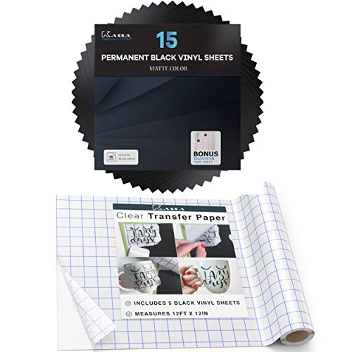Kassa Vinyl Bundle, Permanent Adhesive Tape Black Vinyl Sheets, 15 Pack, 12X12 Inches & Clear Transfer Tape Roll, 12 Feet #TOP16