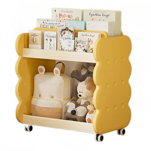 絵本棚 子供用 絵本ラック 子ども用本棚 可愛い 子供用シェルフ キャスター付き 角丸く加工 絵本 おもちゃ収納 大容量ラック 200冊収納できる 組み立て簡単 入園 入学 出産祝い プレゼント (58cm(低い仕切り×2))