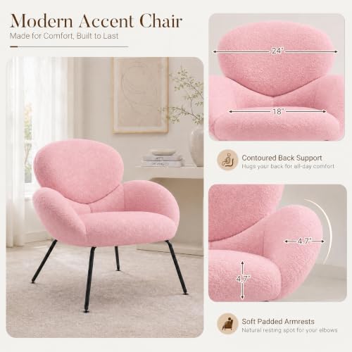 Image of Boucle Accent Chair with Cloud Backrest for Small Space, Pink | Small Reading Chair with Soft Textured Boucle Fabric, Modern Style, Comfy Cloud Backrest for Living Room, Bedroom, Cafe