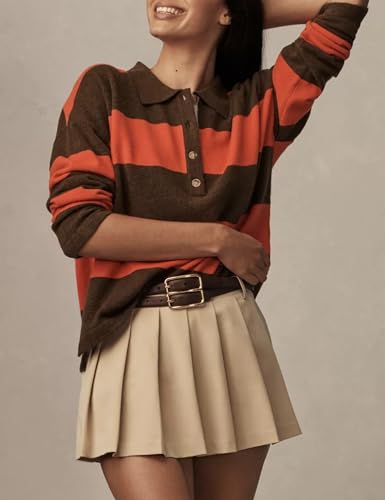 Women Striped Sweater Long Sleeve Lapel Polo V Neck Strip Knit Pullover Casual Layer Top Jumper Y2K Shirt Khaki2