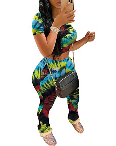 Women Casual Two Piece Outfits Tie Dye Print Crop Top Shirt and Ruched Skinny Pant Tracksuit Set Loungewear Jumpsuit M