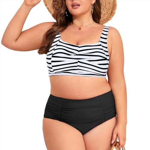 PONCEAU Bikini Women's Large Size High Waist Swimsuit Push Up Swimwear Two Piece Bikini Set with Chest Cushion, Black and white stripes., XL PONCEAU Bikini Women's Large Size High Waist Swimsuit Push Up Swimwear Two Piece Bikini Set with Chest Cushion, Black and white stripes., XL