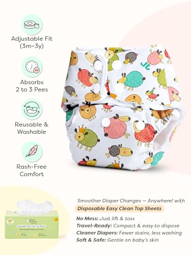 Image of SuperBottoms BASIC Cloth Diaper Combo | 2 Reusable Diapers + 2 UltraThin Dry Pads + 5 Disposable Top Sheets | Adjustable, Washable, Rash-Free & Eco-Friendly for Babies (3M-3Y).
