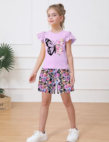 Image of mksodop Girls outfits 2-Piece ruffled short sleeve butterfly floral print high waist floral shorts girls summer clothes