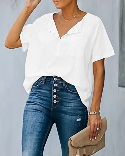 Eurivicy Women's Short Sleeve Henley Tee Half Snap Button Down V Neck T Shirts Tops With Pocket #TOP1
