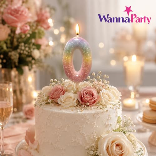 Image of Wanna Party Glitter Number 0 Cake Candle, Rainbow Sparkle Birthday Cake Topper Candle for Kids Birthday, Anniversary, Milestone Celebration, Party Cake Decoration - 1 Pc