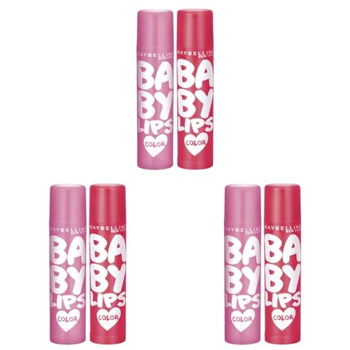 Image of Maybelline New York Lip Balm, With SPF, Moisturises and Protects from the Sun, Pink Lolita & Baby Lips Cherry Kiss, Baby Lips, Pink, Red,(Pack of 6), 8g