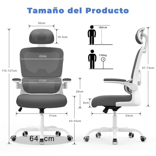 Miniatura 2 de Naspaluro Silla Oficina Ergonómica Con Soporte Lumbar, Silla Escritorio Respaldo Con Reposacabezas Y Altura Ajustables, Reposabrazos Abatible,Silla De Ordenador Para Oficina En Casa,Dark Gray
