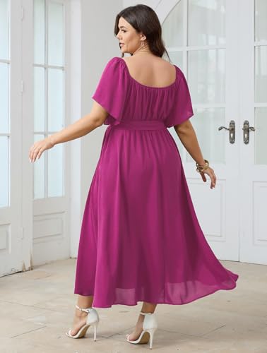 Image of SCOMCHIC Womens Plus Size Formal Dresses Off The Shoulder Wedding Guest Cocktail A-Line Split Maxi Dress with Pockets
