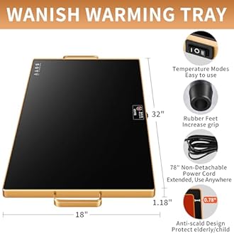 Electric Warming Tray (XXL 32”x18”),Food Warmers for Parties Buffet with Thermostat & Full Surface Heating, Tempered Glass Warming Mat for Food, Temperature Adjustable Gold Handles Food Warming Mat