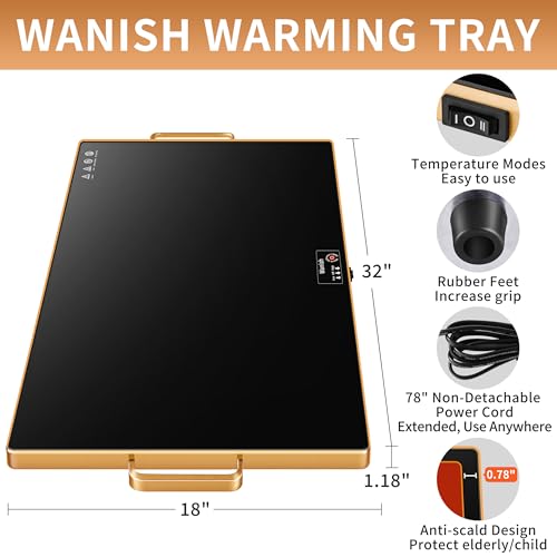 Electric Warming Tray (XXL 32”x18”)，Food Warmers for Parties Buffet with Thermostat & Full Surface Heating, Tempered Glass Warming Mat for Food, Temperature Adjustable Gold Handles Food Warming Mat