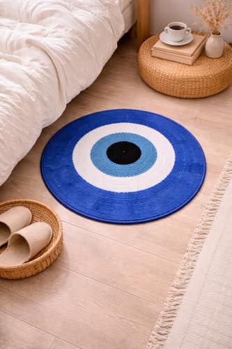 Image of Adequate Decorative Super Soft Round Evil Eye Rangoli Door Mat, Blue, Microfiber, Doormat for Home Entrance| Bedroom| Bathroom| Kitchen| Living| Pooja Room| Temple| Floor mat (Round Evil Eye mat)