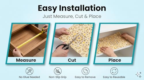 Image of Dribble EVA Shelf Liner Mat 45x500cm Roll, Non Slip Drawer & Cabinet Liner for Kitchen, Waterproof Oilproof Washable Fridge Mat, Anti Skid Cupboard Wardrobe Multipurpose Mat (Yellow Mandala Art)