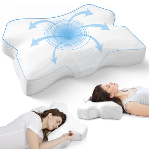 Cervical Neck Pillow for Pain Relief, Ergonomic Neck Support Pillow for Side Sleeper, Contour Memory Foam Pillows with Cooling Pillowcase Orthopedic Bed Pillow for Back Stomach Sleepers, White